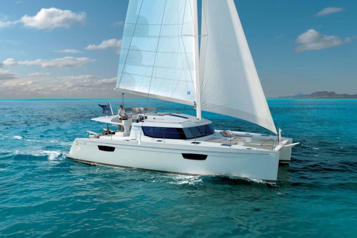 Exterior view of Princess Aphrodite, a Fountaine Pajot Saba 50 catamaran at Grad Trogir, Croatia
