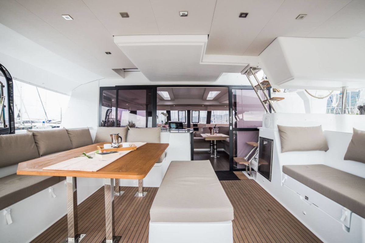 Deck of Princess Aphrodite, a Fountaine Pajot Saba 50 catamaran at Grad Trogir, Croatia