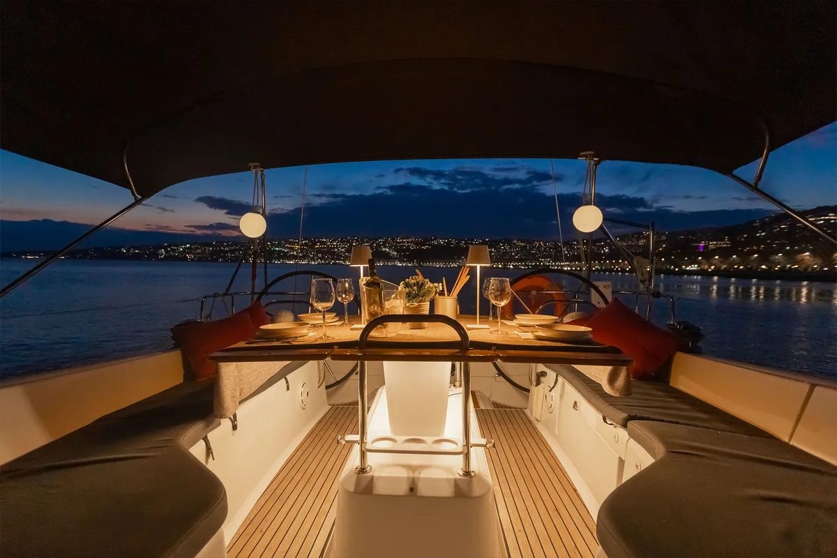 Deck of Melpomene, a Jeanneau 53 sailboat at Naples, Italy