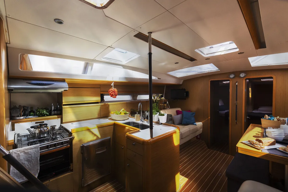 Galley of Melpomene, a Jeanneau 53 sailboat at Naples, Italy