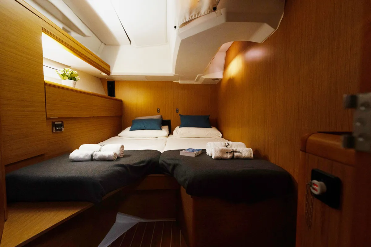 Cabin on Melpomene, a Jeanneau 53 sailboat at Naples, Italy