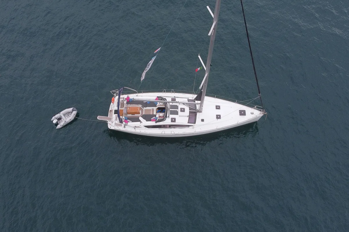 Exterior view of Melpomene, a Jeanneau 53 sailboat at Naples, Italy