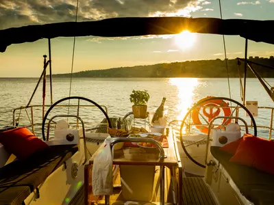 Cockpit of Melpomene, a Jeanneau 53 sailboat at Naples, Italy
