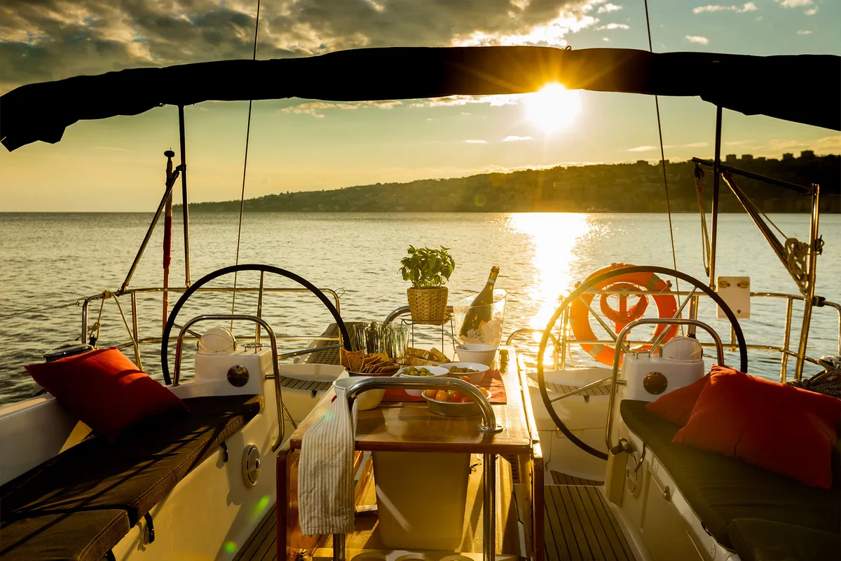 Cockpit of Melpomene, a Jeanneau 53 sailboat at Naples, Italy