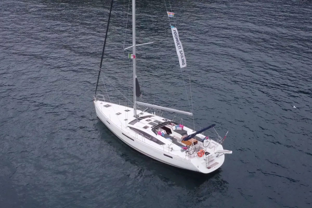 Exterior view of Melpomene, a Jeanneau 53 sailboat at Naples, Italy