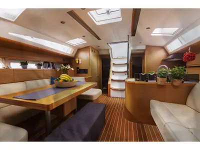Salon of Melpomene, a Jeanneau 53 sailboat at Naples, Italy
