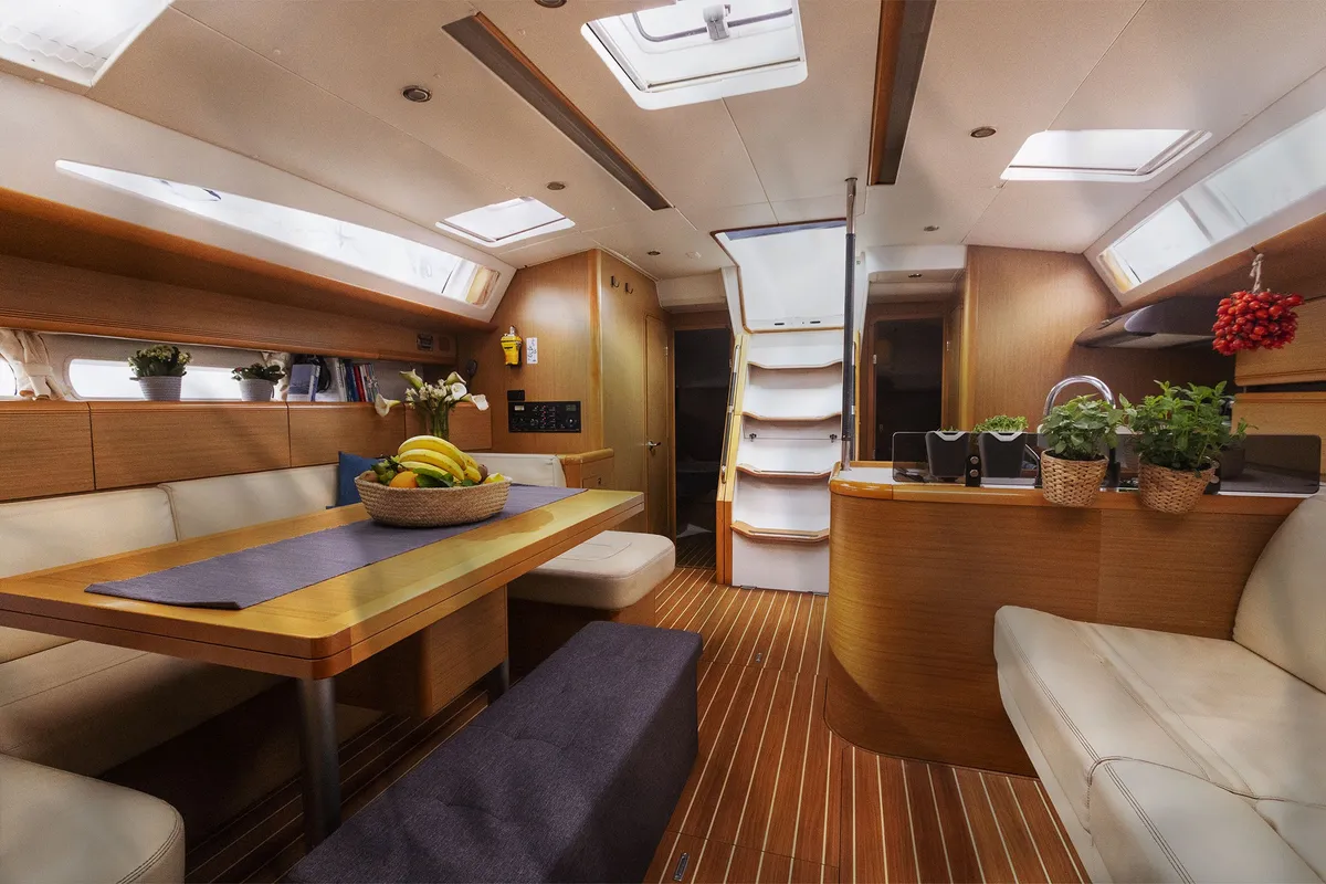 Salon of Melpomene, a Jeanneau 53 sailboat at Naples, Italy