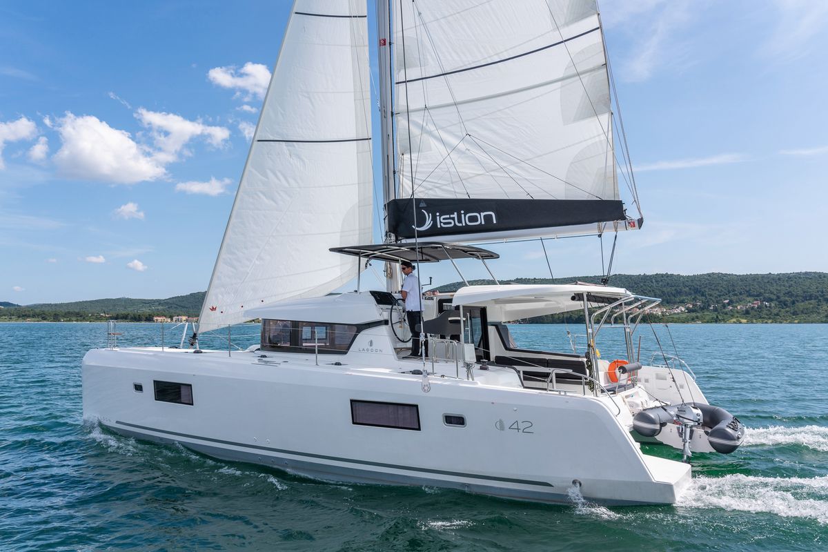Exterior view of First Adventure, a Lagoon 42 catamaran at Skradin, Croatia