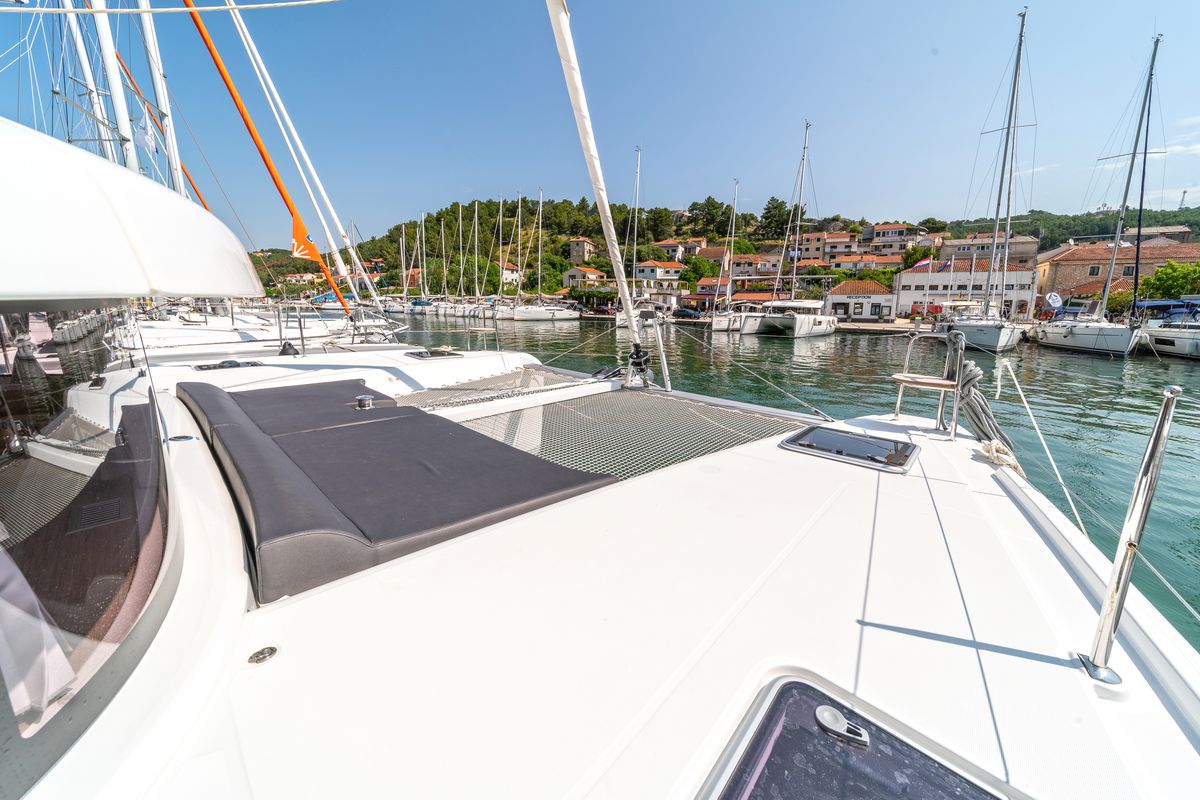 Deck of First Adventure, a Lagoon 42 catamaran at Skradin, Croatia