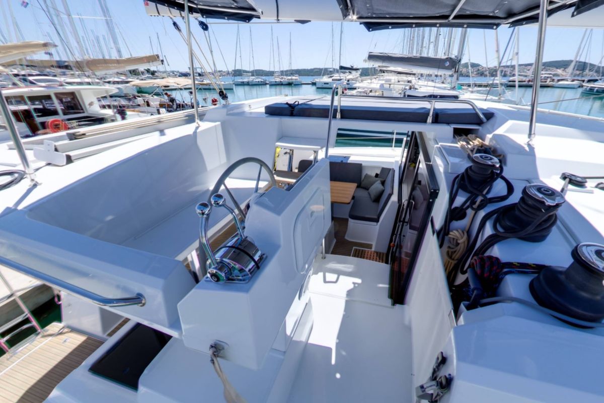 Cockpit of Magic Summer, a Fountaine Pajot Astréa 42 catamaran at Seget Donji, Croatia