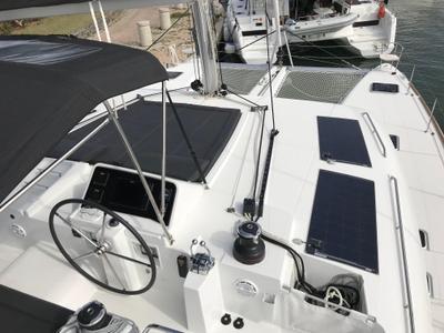 Cockpit of Fantasy, a Lagoon 450 catamaran at Preveza, Greece