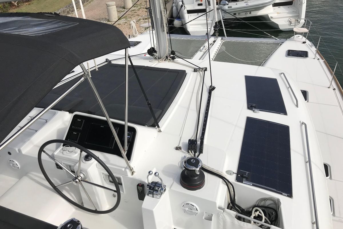 Cockpit of Fantasy, a Lagoon 450 catamaran at Preveza, Greece