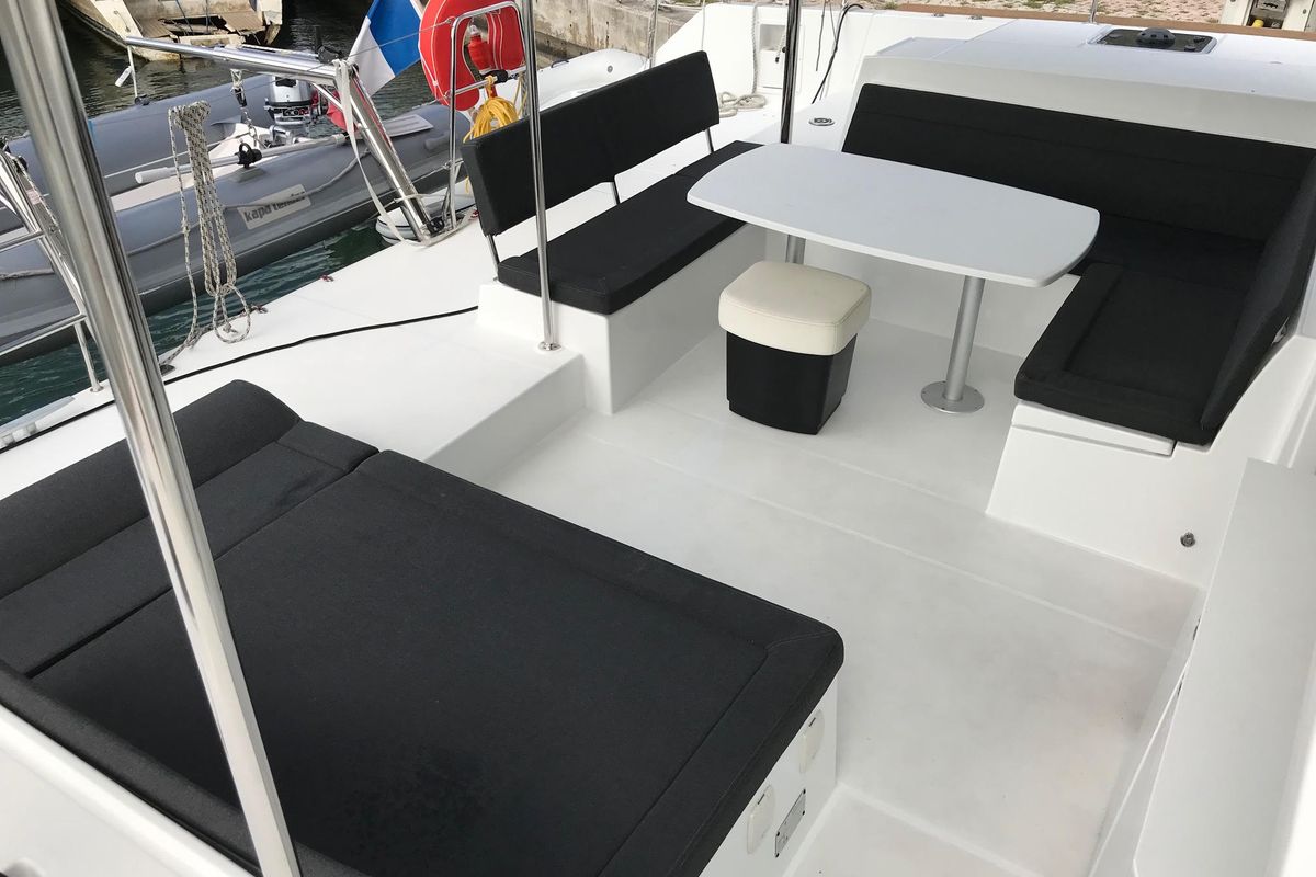 Deck of Fantasy, a Lagoon 450 catamaran at Preveza, Greece
