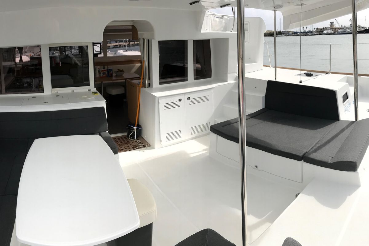 Deck of Fantasy, a Lagoon 450 catamaran at Preveza, Greece