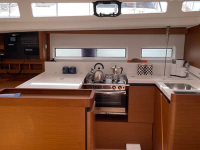 Salon of Ecstasea, a Jeanneau Sun Odyssey 440 sailboat at Municipal Unit of Lefkada, Greece