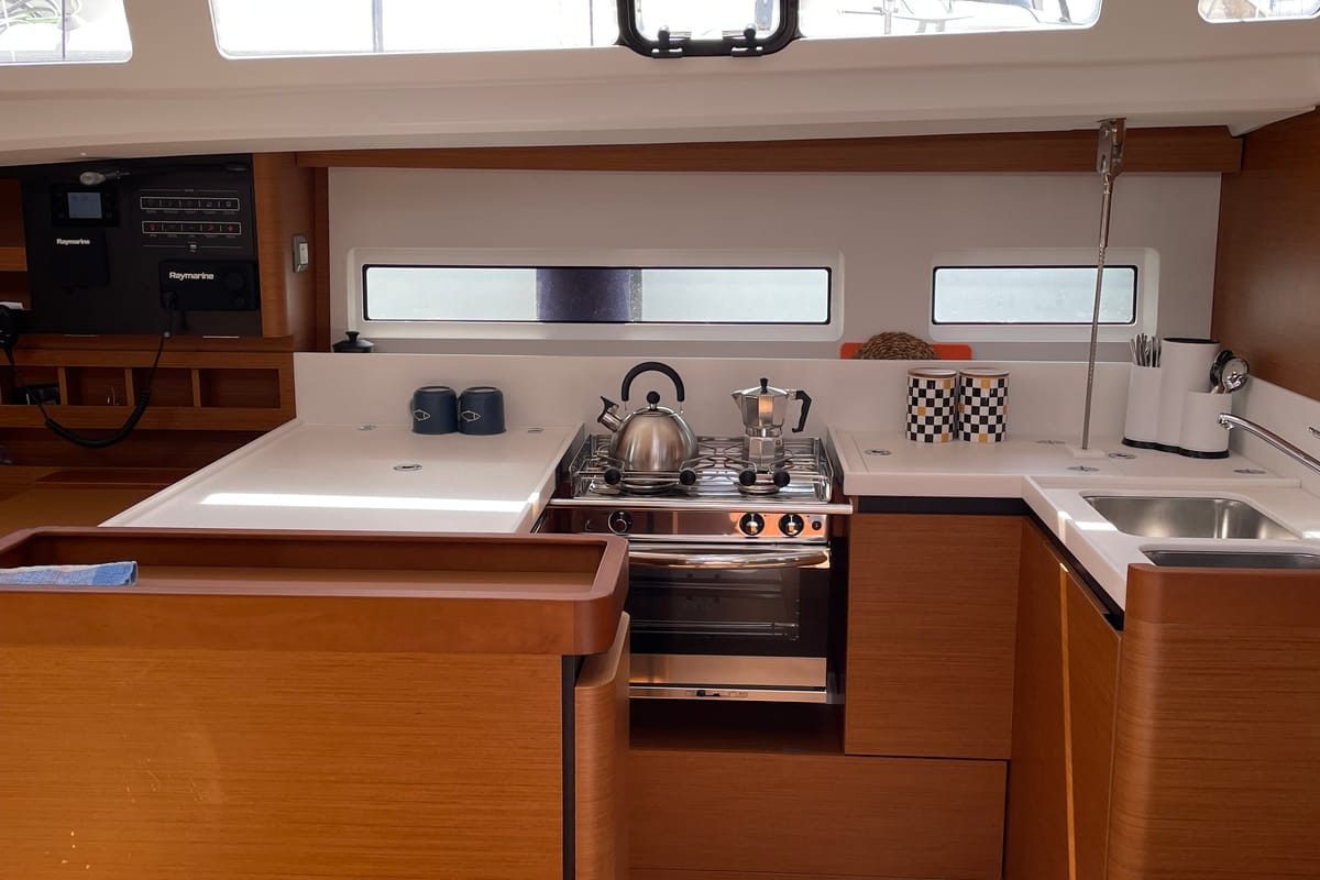 Salon of Ecstasea, a Jeanneau Sun Odyssey 440 sailboat at Municipal Unit of Lefkada, Greece