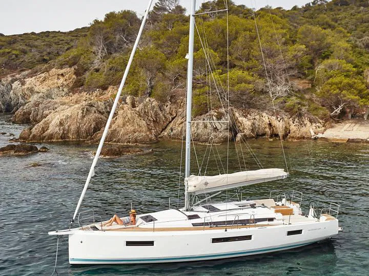 Exterior view of Ecstasea, a Jeanneau Sun Odyssey 440 sailboat at Municipal Unit of Lefkada, Greece