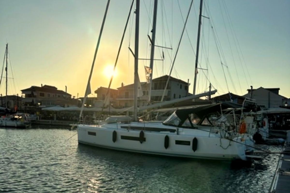 Exterior view of Ecstasea, a Jeanneau Sun Odyssey 440 sailboat at Municipal Unit of Lefkada, Greece