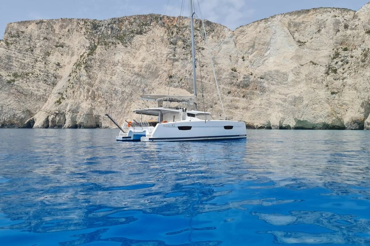 Exterior view of Nostos, a Fountaine Pajot Astrea 42 catamaran at Municipal Unit of Lefkada, Greece