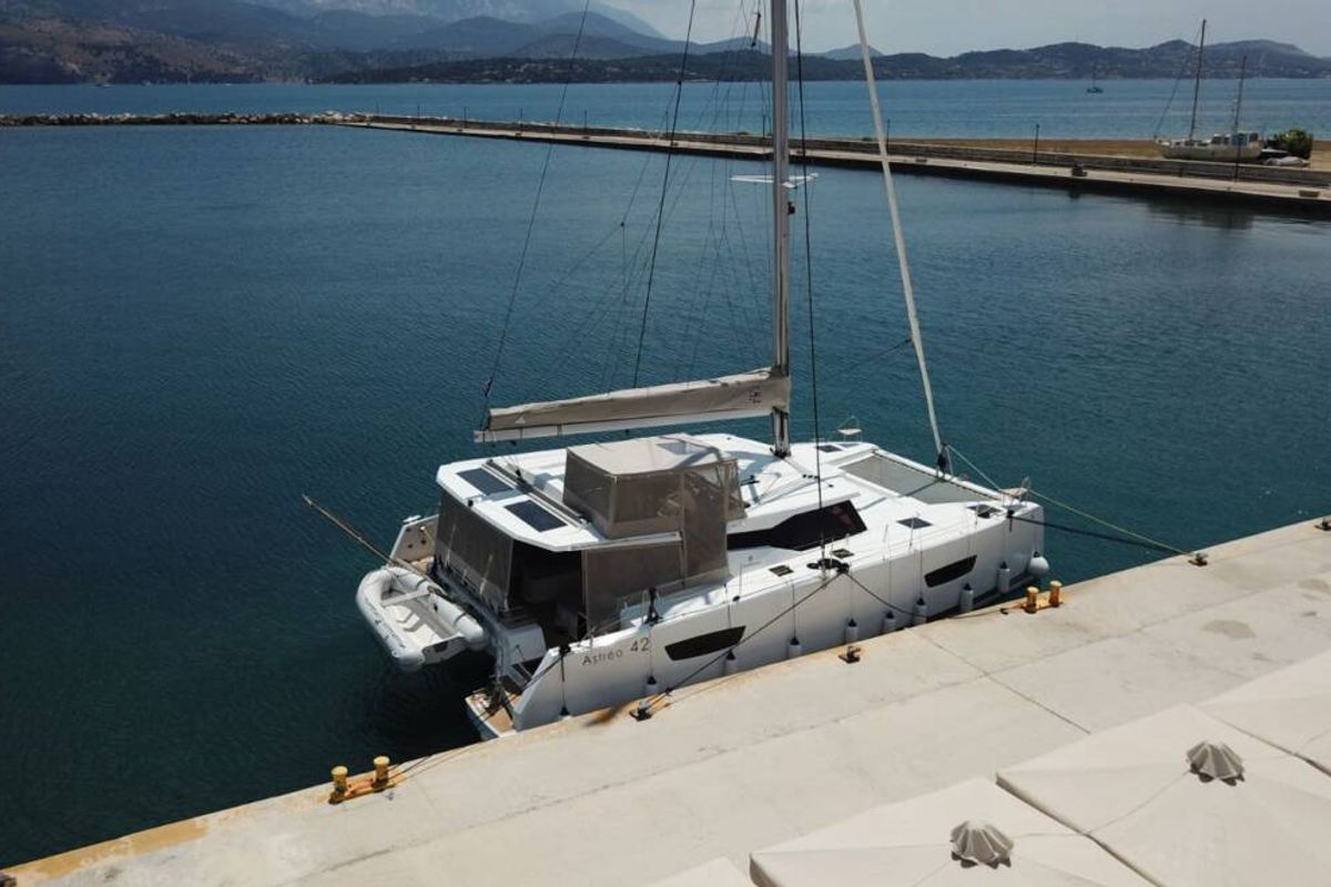 Exterior view of Nostos, a Fountaine Pajot Astrea 42 catamaran at Municipal Unit of Lefkada, Greece