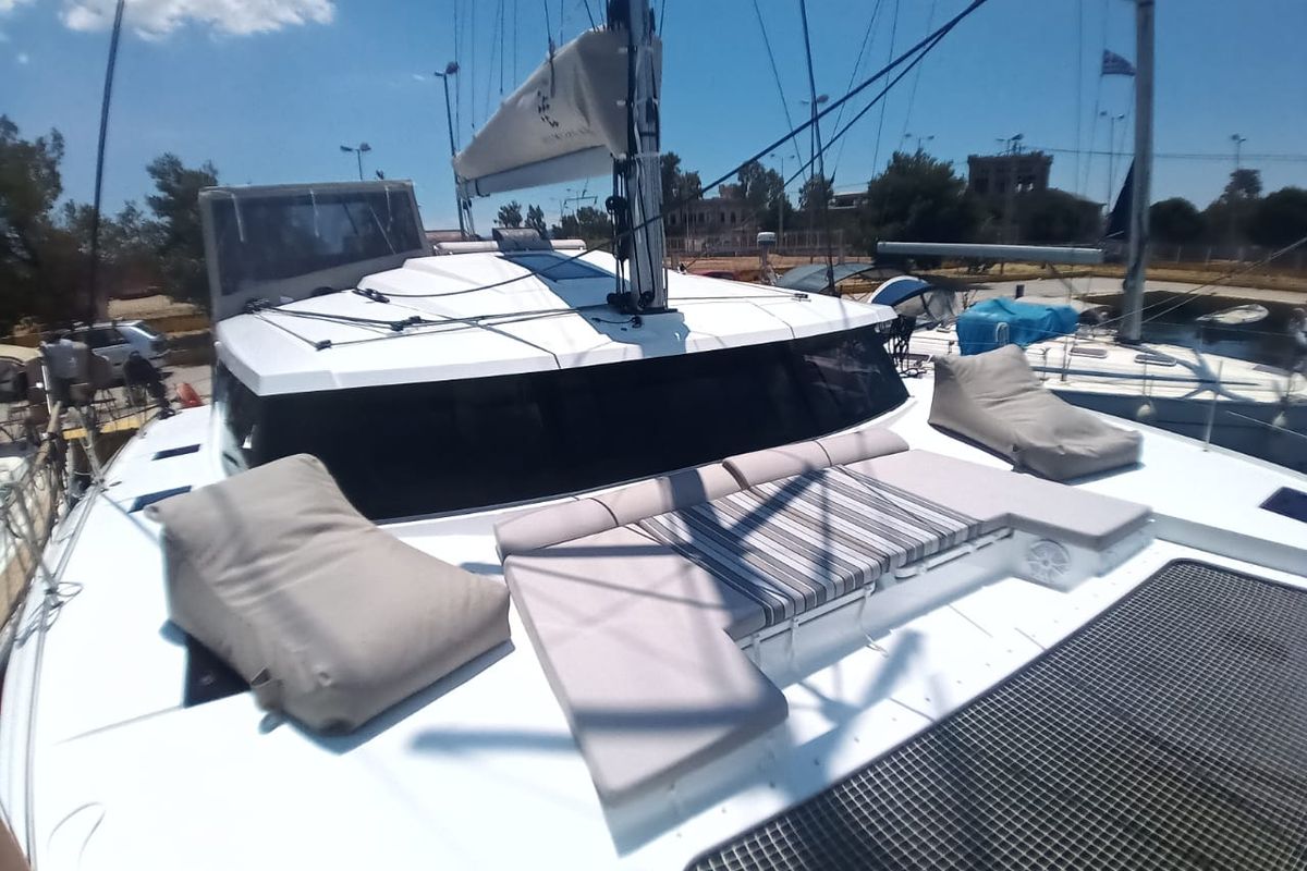 Deck of Nostos, a Fountaine Pajot Astrea 42 catamaran at Municipal Unit of Lefkada, Greece