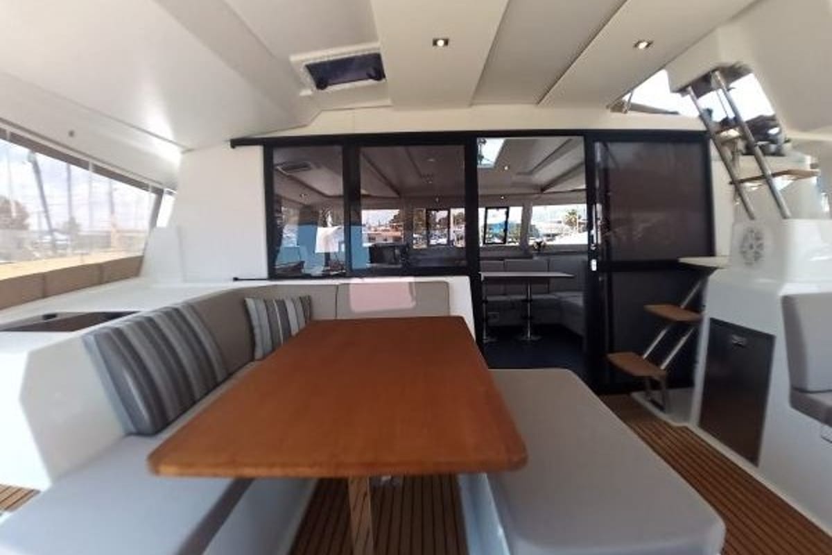 Deck of Nostos, a Fountaine Pajot Astrea 42 catamaran at Municipal Unit of Lefkada, Greece