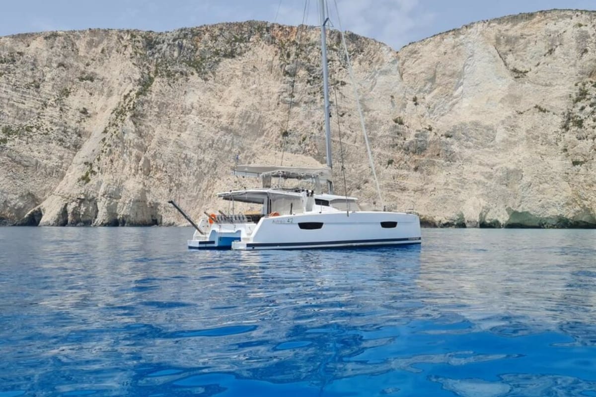 Exterior view of Nostos, a Fountaine Pajot Astrea 42 catamaran at Municipal Unit of Lefkada, Greece
