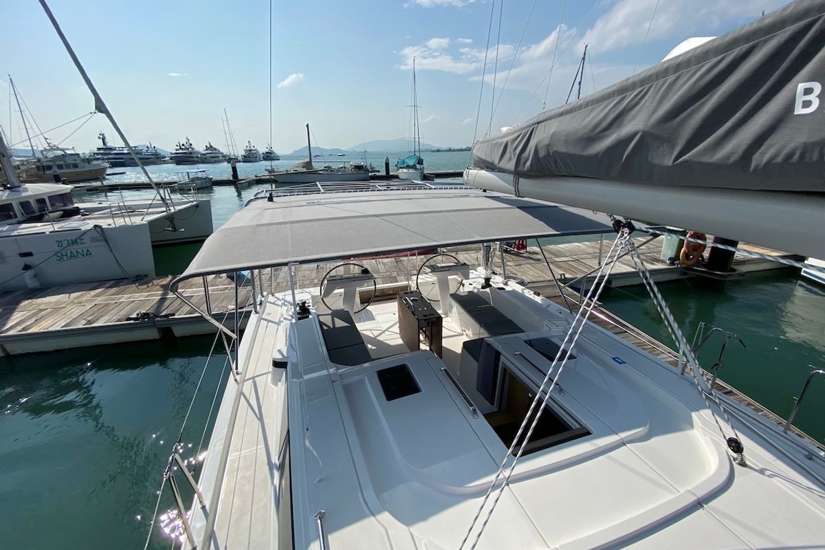 Deck of Lady Andaman, a Bavaria C46 sailboat at Mai Khao, Thailand