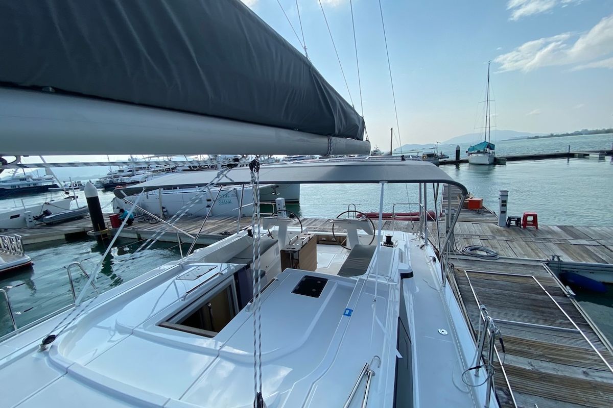 Deck of Lady Andaman, a Bavaria C46 sailboat at Mai Khao, Thailand