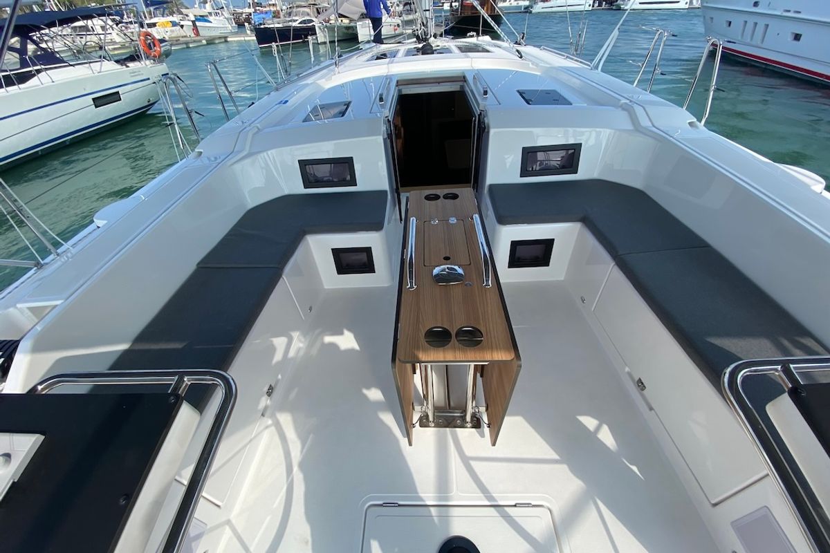 Deck of Lady Andaman, a Bavaria C46 sailboat at Mai Khao, Thailand