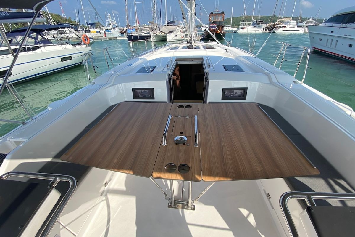 Deck of Lady Andaman, a Bavaria C46 sailboat at Mai Khao, Thailand