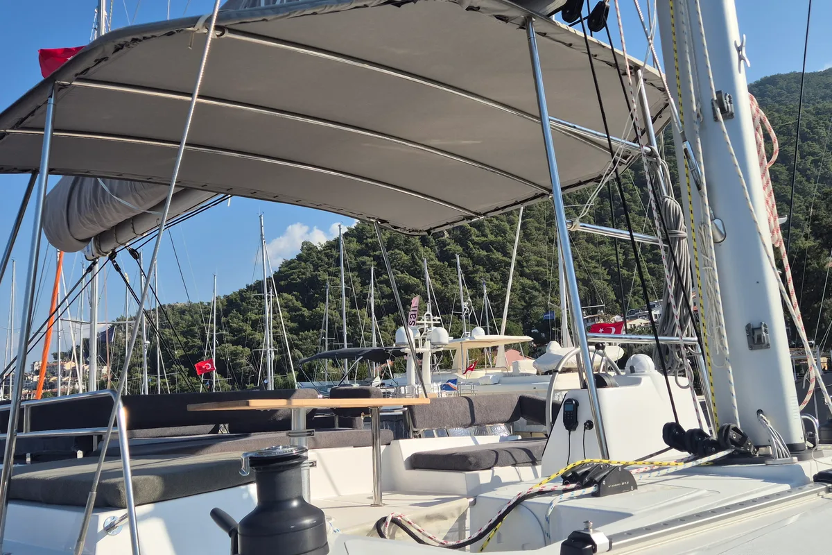 Deck of Royal Salute, a Bali 4.6 catamaran at Fethiye, Turkey