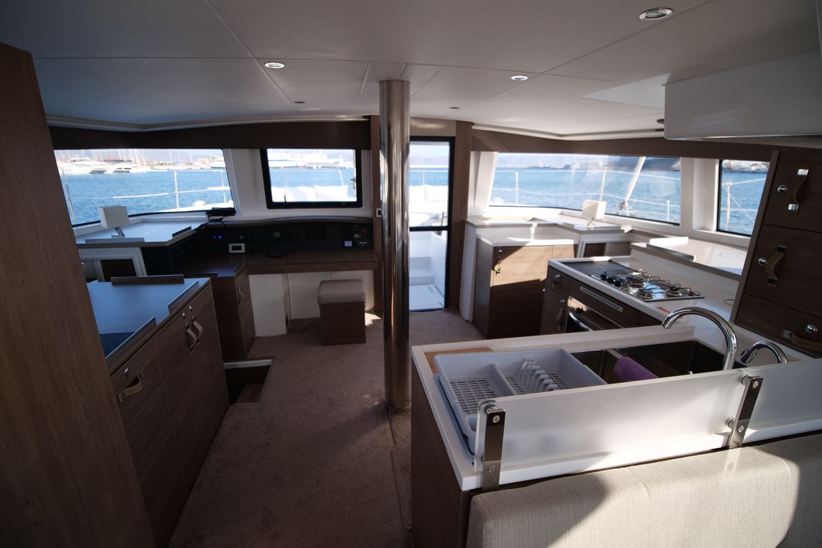 Salon of EAGLE, a Bali 4.8 catamaran at Lavreotiki Municipal Unit, Greece