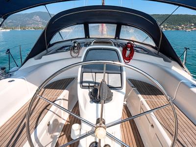 Cockpit of IONA, a Bavaria C38 sailboat at Municipal Unit of Ellomenos, Greece