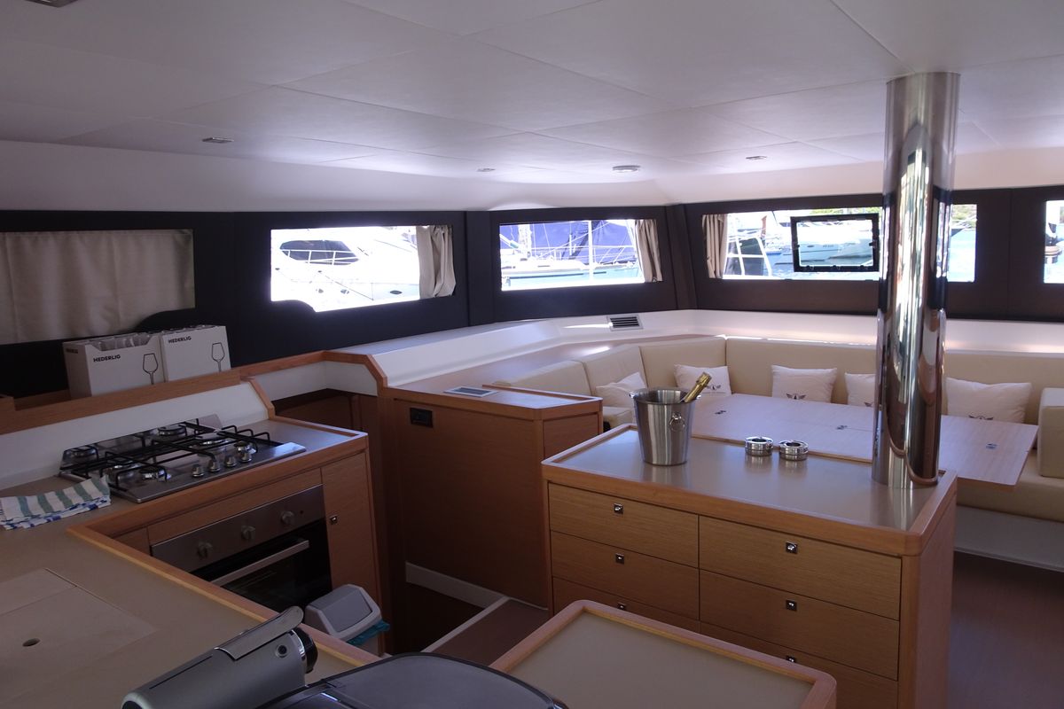 Salon of Sonia, a Dufour Catamaran 48 catamaran at Salerno, Italy