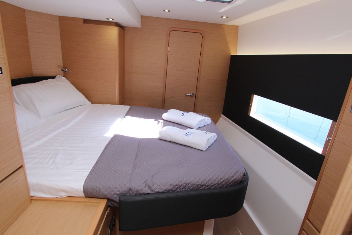 Cabin on Sonia, a Dufour Catamaran 48 catamaran at Salerno, Italy