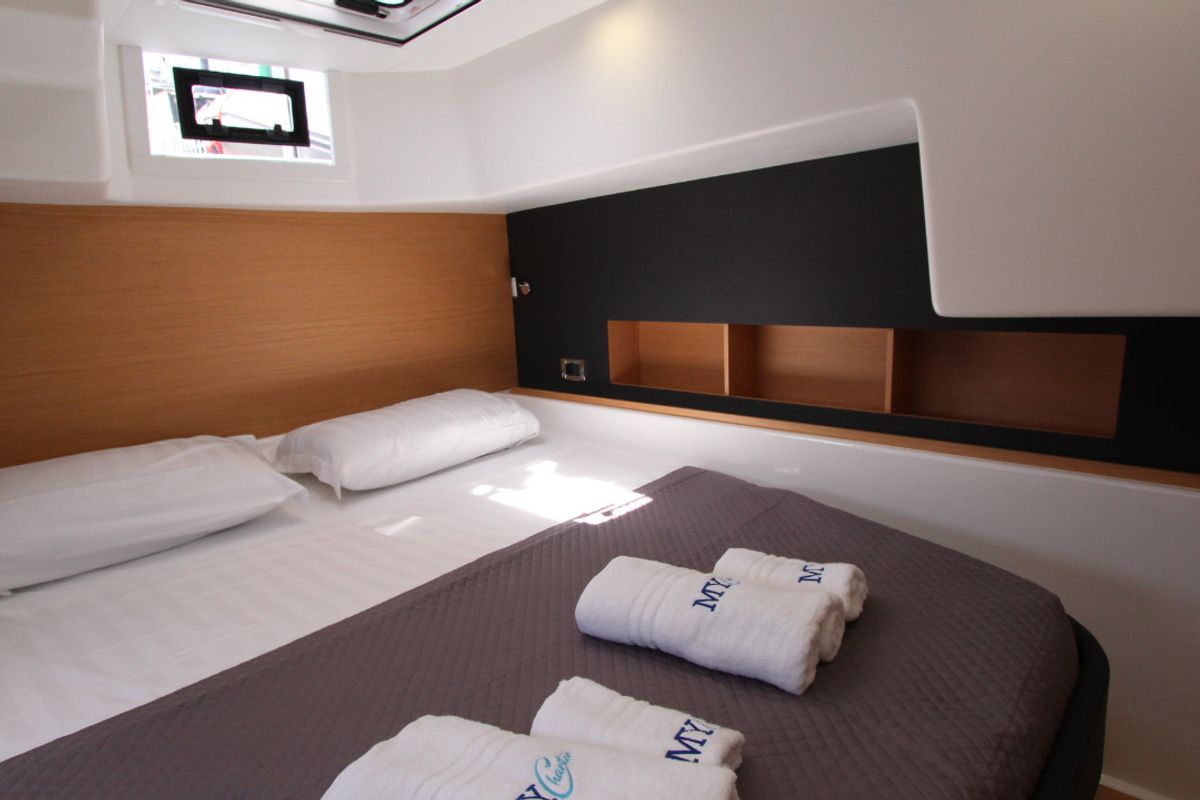 Cabin on Sonia, a Dufour Catamaran 48 catamaran at Salerno, Italy