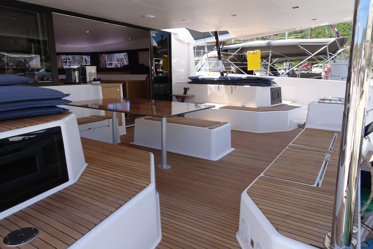 Deck of Sonia, a Dufour Catamaran 48 catamaran at Salerno, Italy