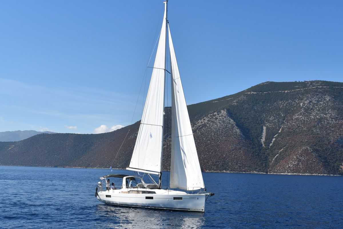 Exterior view of Moorhen, a Beneteau Oceanis 41.1 sailboat at Municipal Unit of Palairos, Greece