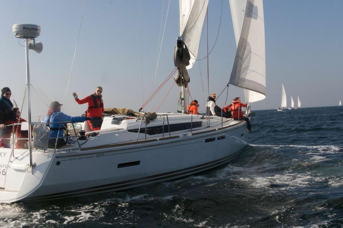 Exterior view of Rocky, a Jeanneau Sun Odyssey 409 sailboat at Flensburg, Germany