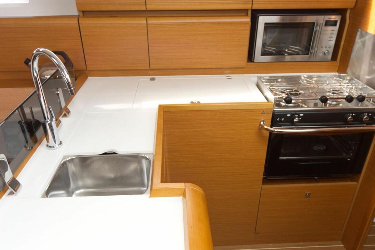 Galley of Rocky, a Jeanneau Sun Odyssey 409 sailboat at Flensburg, Germany