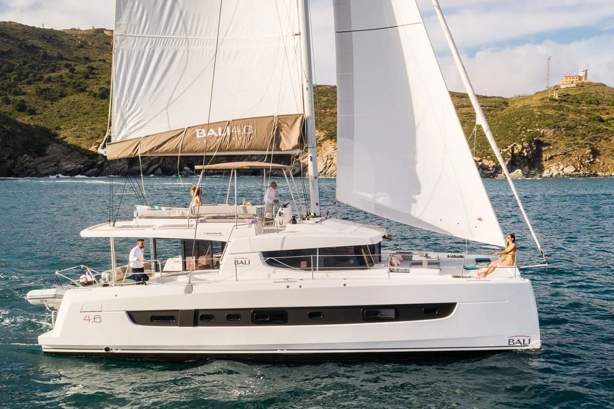 Exterior view of Noni, a Bali 4.6 catamaran at Lavreotiki Municipal Unit, Greece