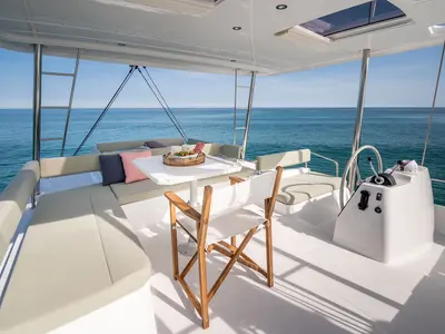 Cockpit of Noni, a Bali 4.6 catamaran at Lavreotiki Municipal Unit, Greece
