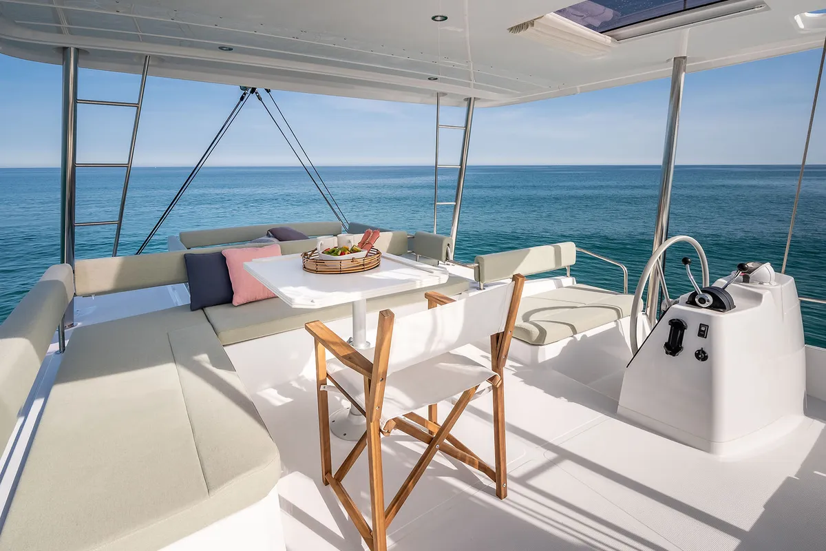 Cockpit of Noni, a Bali 4.6 catamaran at Lavreotiki Municipal Unit, Greece