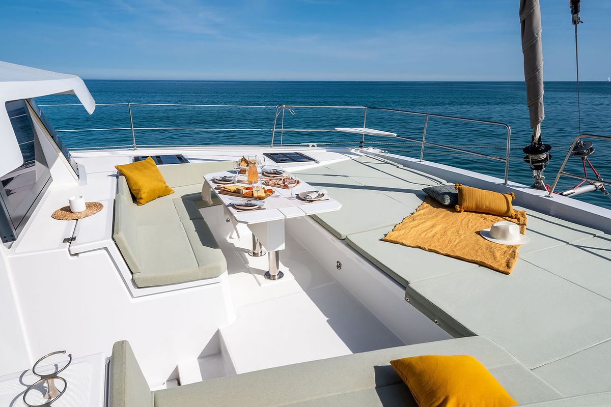 Deck of Noni, a Bali 4.6 catamaran at Lavreotiki Municipal Unit, Greece