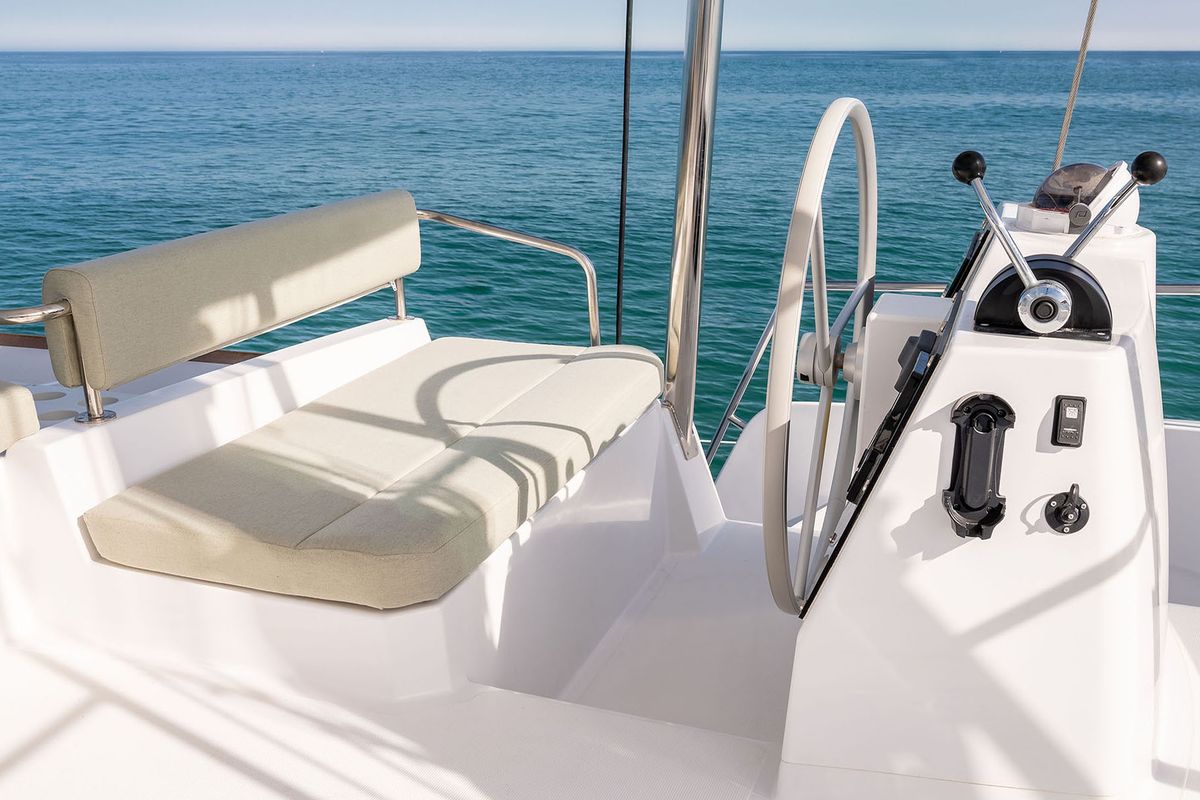 Cockpit of Noni, a Bali 4.6 catamaran at Lavreotiki Municipal Unit, Greece
