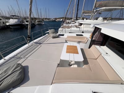 Deck of Noni, a Bali 4.6 catamaran at Lavreotiki Municipal Unit, Greece
