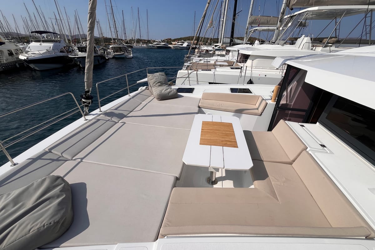 Deck of Noni, a Bali 4.6 catamaran at Lavreotiki Municipal Unit, Greece