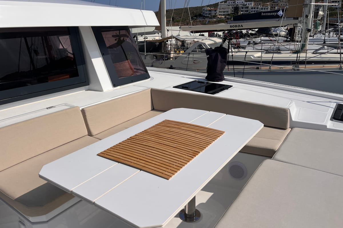 Deck of Noni, a Bali 4.6 catamaran at Lavreotiki Municipal Unit, Greece