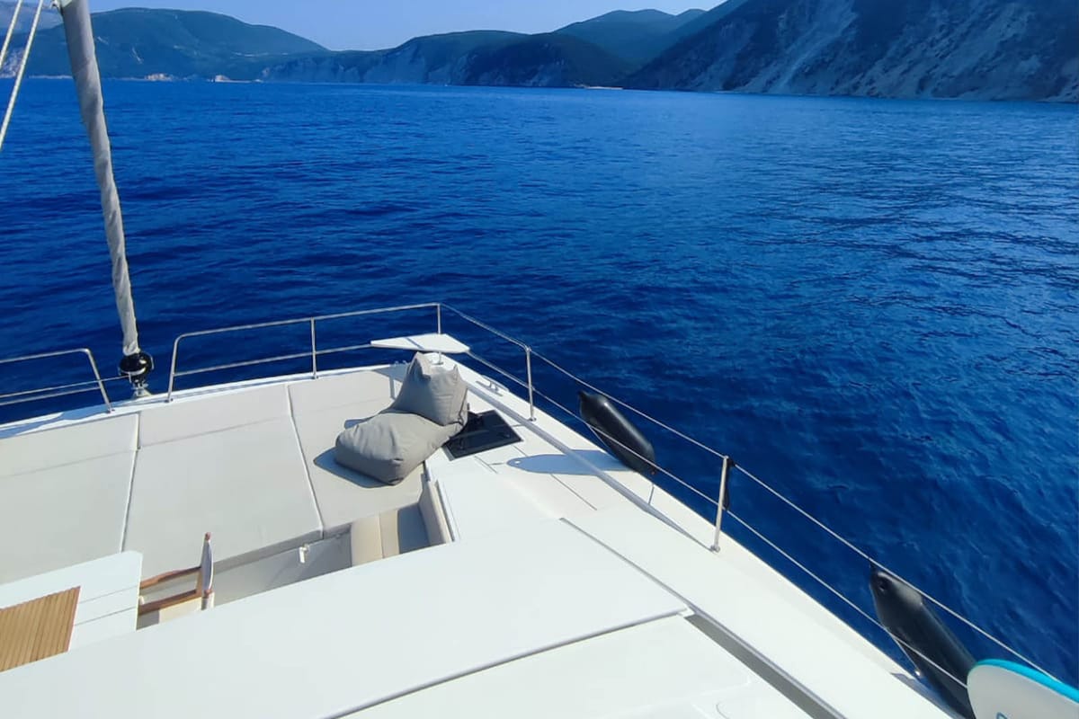 Deck of Noni, a Bali 4.6 catamaran at Lavreotiki Municipal Unit, Greece